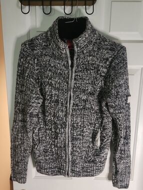Guess Black & White Marled Zip-Up Knit Cardigan